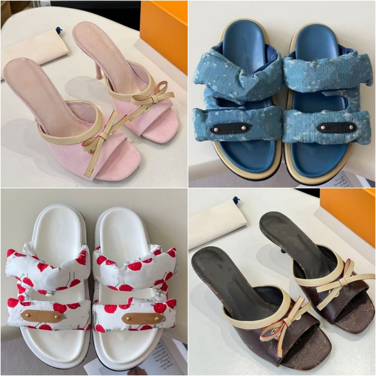 denim slippers jacquard weave slides Mule sandals heels slip on stiletto heeled open toe shoes women's luxury designer leather evening shoe