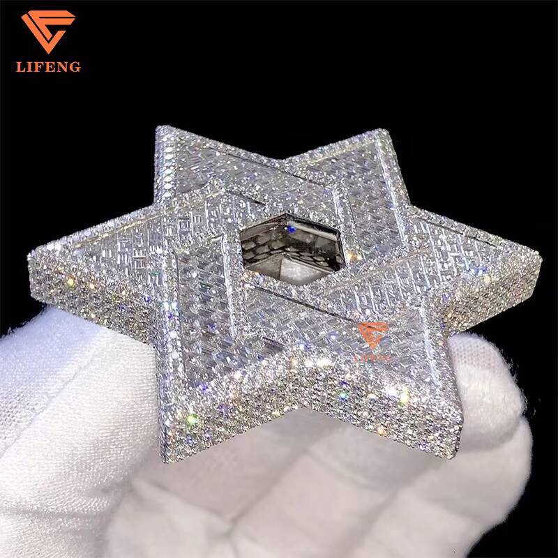 VVS Baguette Round Cut Moissanite Hip Hop Star of David Pendant Full Iced Out 18K Solid Gold Rappers Charm Pendant for Unisex