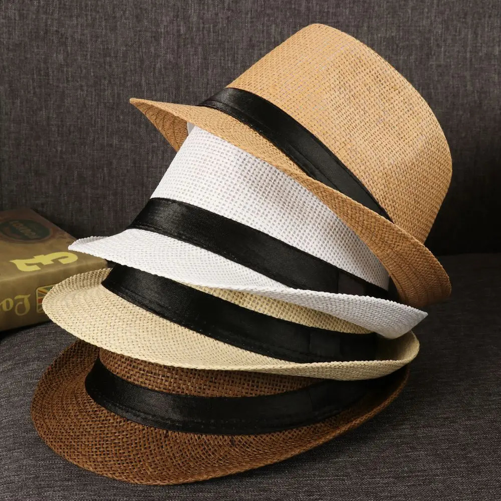 Unisex Fashion Beach Sun Cap Summer Wide Brim Straw Panama Cap Casual Jazz Dress Hat Cowboy Fedora Hat Gangster Cap 260327