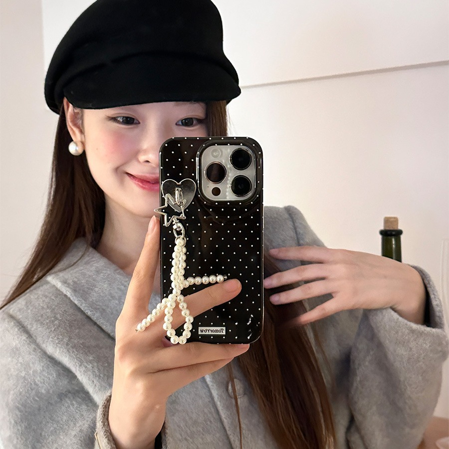 Designer Luxury Elegant Black Dot Phone Case Pearl Beaded Chain Heart Star Charm Full Lens Protection Anti-fall Case For Iphone 15/14/13 Pro Max