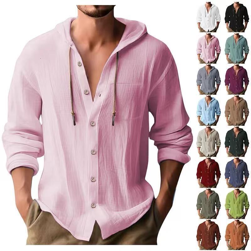 Luxury Brand Designer Men 2026 New Hooded Linen Cotton Long Sleeve Shirt Casual Solid Color Button Down Hoodie T-Shirt for Daily Wear