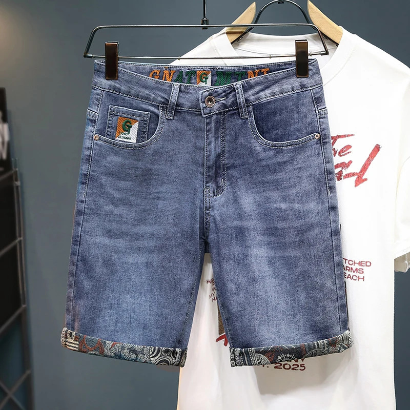Summer Mens Embroidered Denim Shorts Straight Fashion Slim Personality Streetwear Jeans Bermuda Male Short Pants 260311
