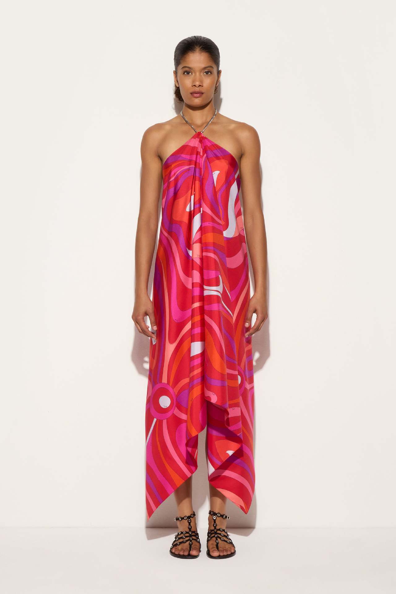 2025 New Printed Satin Simple Style Printed Halter Neck Long Dress Irregular Dress