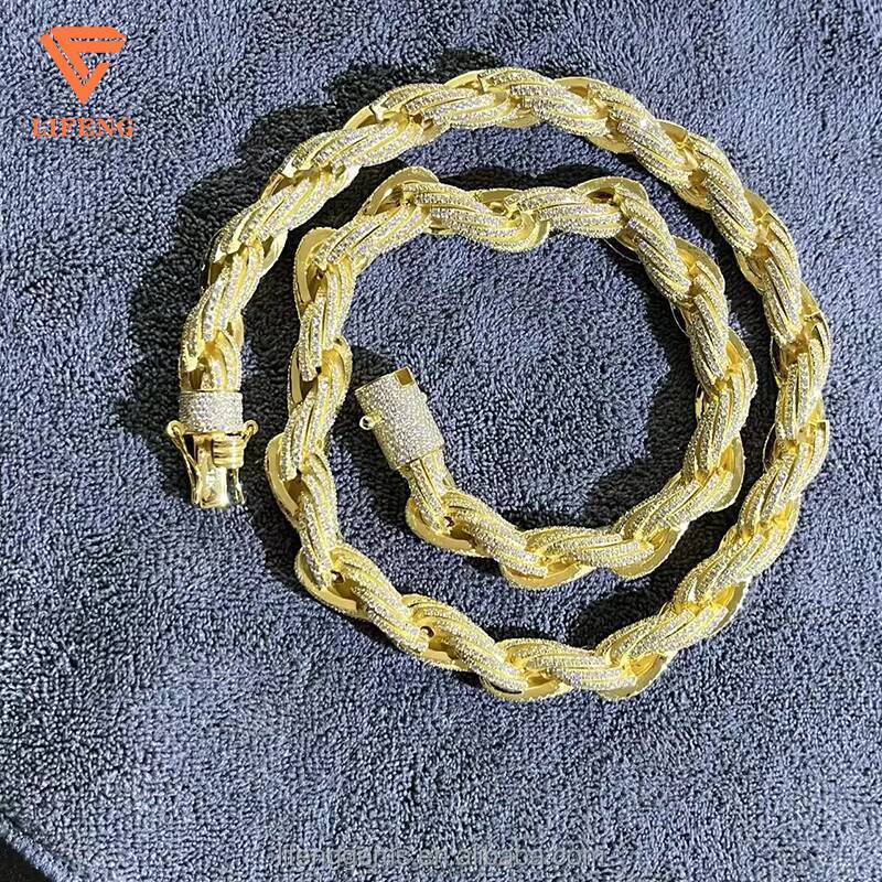 18k Gold Plated 10mm Iced Out Miami Rope Chain VVS D Colour Moissanite Cuban Link Chain Choker for Men Hip Hop Rope Necklace