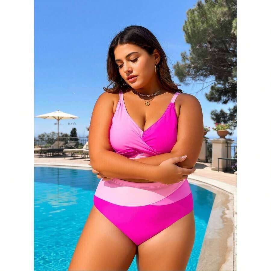 Designer 2026 New Plus Size Bikini Set Hot Pink Color Block Swimsuit V-Neck Twist Front Top And High Waisted Bottoms 4XL - Women's Swimwear