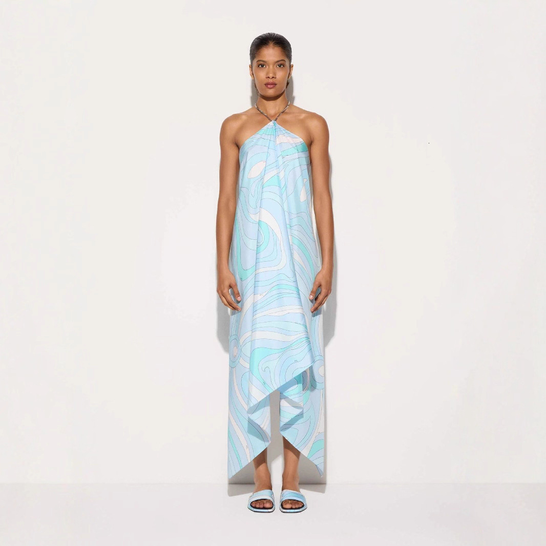 2025 New Printed Satin Simple Style Printed Halter Neck Long Dress Irregular Dress