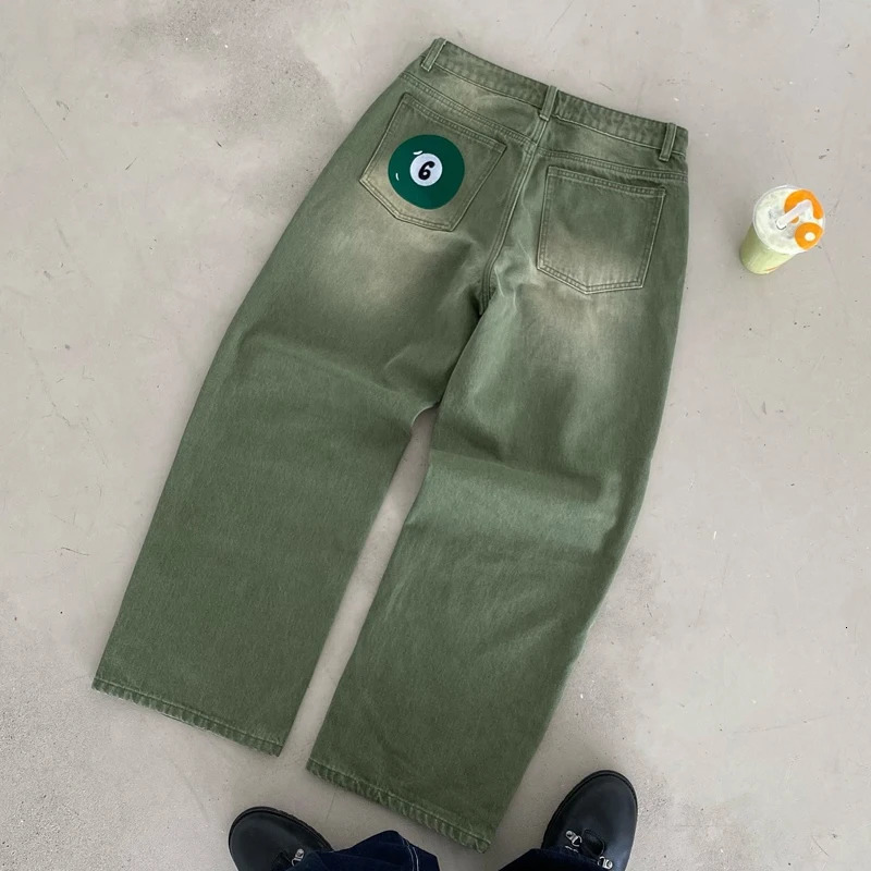 Y2K Retro Matcha Denim Jeans Washed Billiard Embroidered Denim Pants London Fashion York Style Streetwear Unisex Baggy Jeans 260403