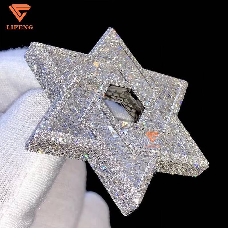VVS Baguette Round Cut Moissanite Hip Hop Star of David Pendant Full Iced Out 18K Solid Gold Rappers Charm Pendant for Unisex
