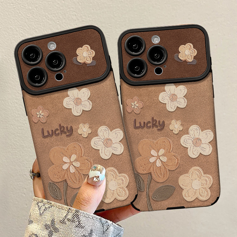 Designer Luxury Retro Floral Phone Case, Lucky Embossed Flower Pattern Full Lens Protection Shockproof Cover, Vintage Brown Leather Case For Iphone Se
