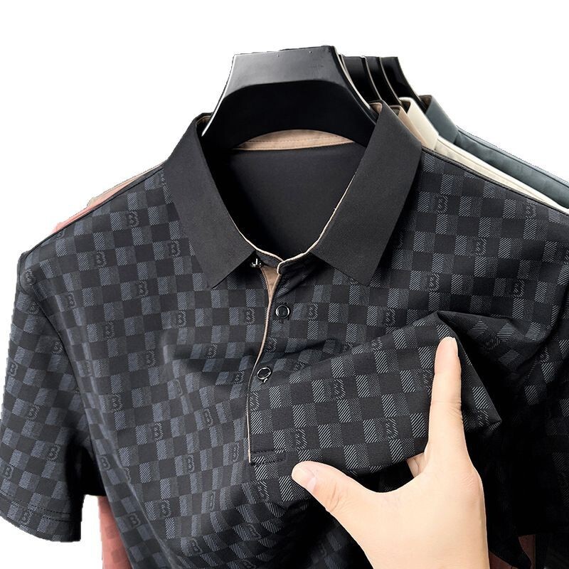 Luxury Brand Designer Ice silk cool summer business casual printed short-sleeve T-shirt for young and middle-aged men with a simple and elegant collar