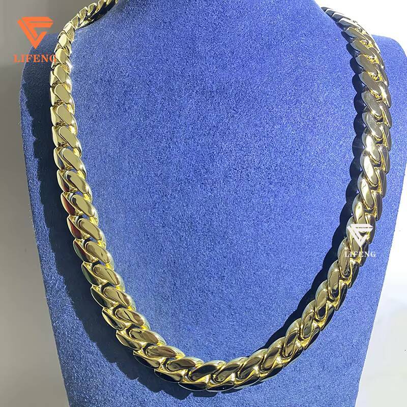 Lifeng Jewelry Luxury Style 14k Gold Plated Cuban Link Chain 14mm Hiphop Men 925 Sterling Silver Smooth Cuban Chain Necklace