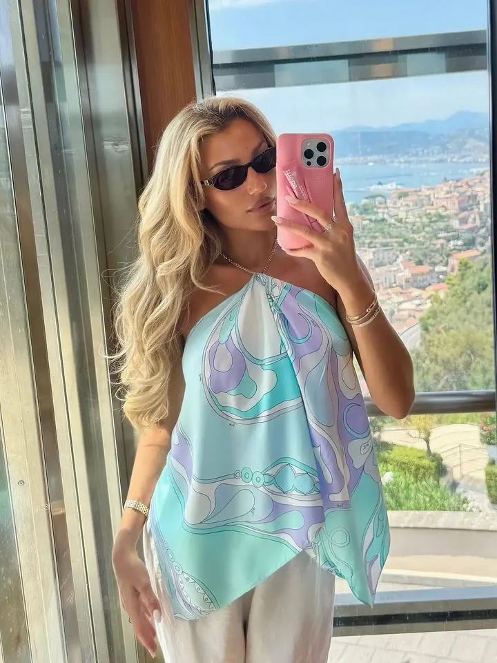 Lady Sexy Printed Backless Halter Top Chic Sleeveless Off Shoulder Irregular Loose Cropped Blouse 2026 Vacation Beach Tops 260331