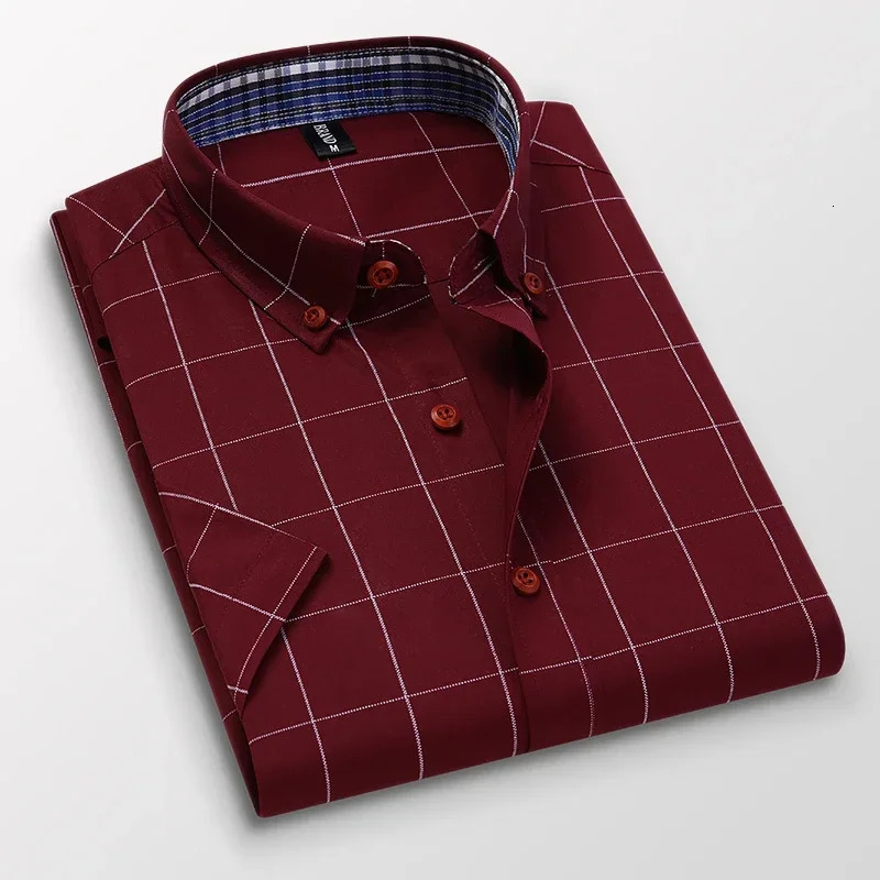 TFETTERS Summer Men Shirts Short Sleeve Plaid Shirt Slim Casual Button Up Dress Shirts Men Big Size M-5XL Anti-wrinkle Soft 260403