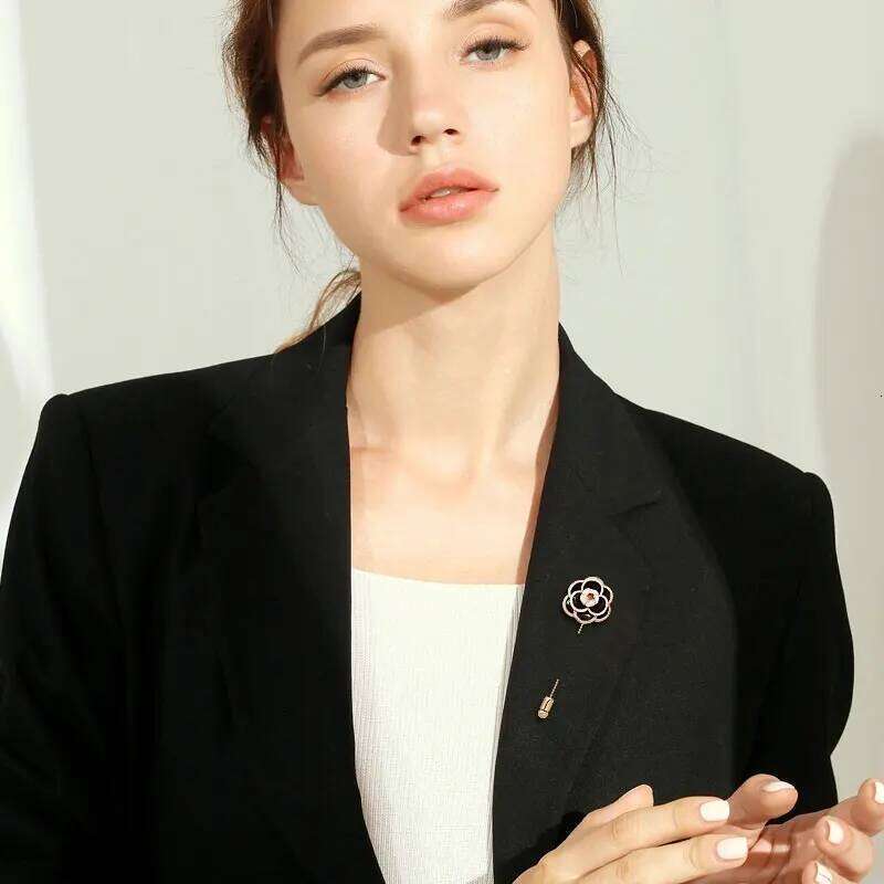 Camellia Pin Brooch Black White Flower Rose Pearl Female Brooches Accessories