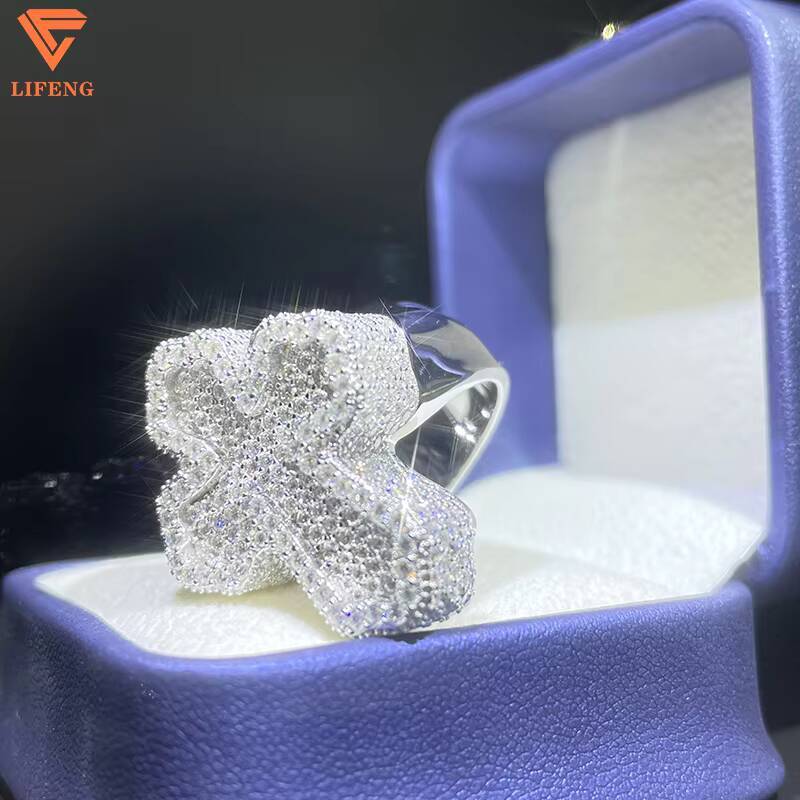 Custom 18K Gold Plated Gra Iced VVS Moissanite Diamond Cross Ring 925 Sterling Silver Hip Hop Style for Men Fashion Jewelry
