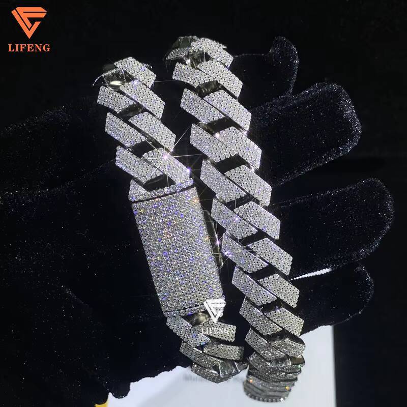 Lifeng Jewelry 15mm 4 Rows Diamond Cuban Link Bracelet Sterling Silver Solid VVS D Moissanite Hiphop Cuban Chain Bracelet