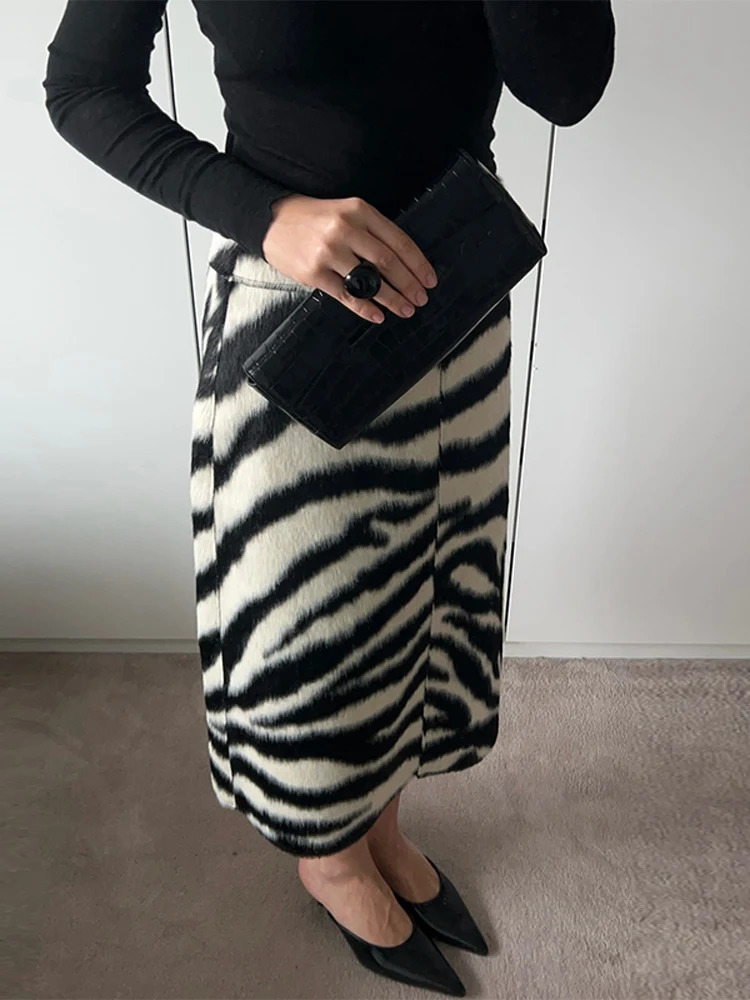 Sexy Zebra Print Fur Skirt Women High Waist Long A-line Evening Skirts Female 2026 Fashion All-match Bottoms 260403