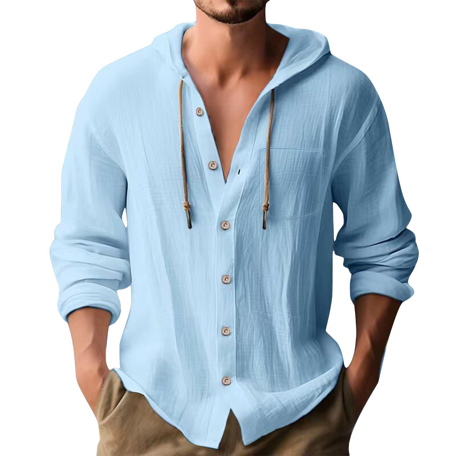 Luxury Brand Designer Men 2026 New Hooded Linen Cotton Long Sleeve Shirt Casual Solid Color Button Down Hoodie T-Shirt for Daily Wear