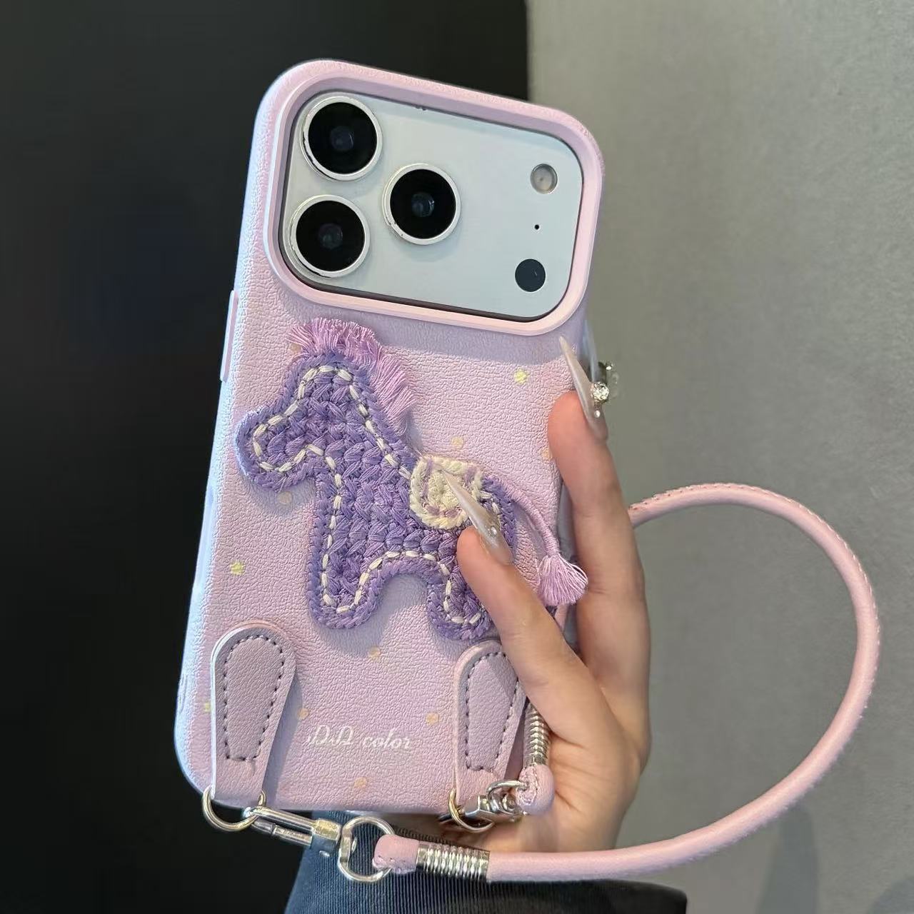 Designer Luxury Handcrafted Embroidered Horse Phone Case, Yellow Leather Wrist Strap Full Lens Protection Anti-fall Case For Iphone 15/14/13