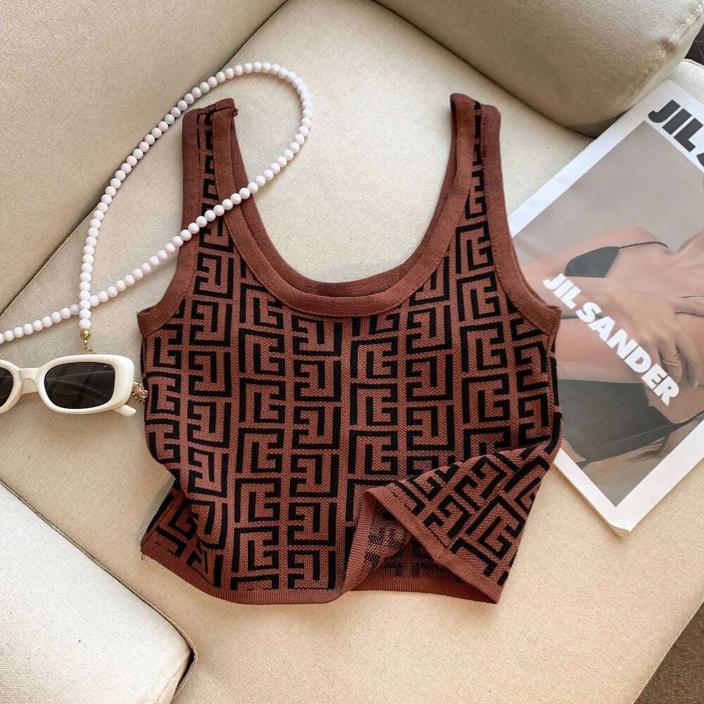 French Style Square Collar Ice Silk Sleeveless Tops Slim Buttoned Blazer Knitted Tanks High End Geometric Jacquard Crop Top