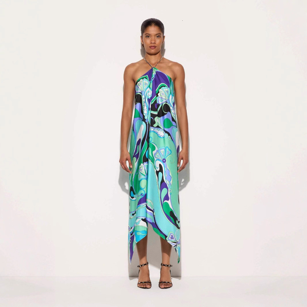 2025 New Printed Satin Simple Style Printed Halter Neck Long Dress Irregular Dress