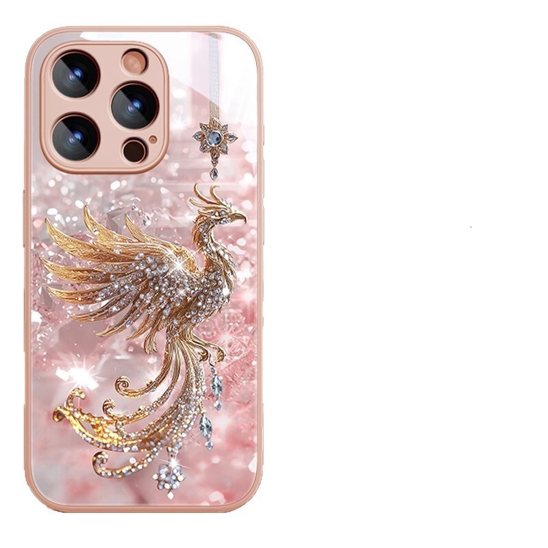 Luxury Designer Pink Phoenix Phone Case Premium Liquid Glass Bling Diamond Cover Full Lens Protection Protective Case For Iphone Elegant Gift