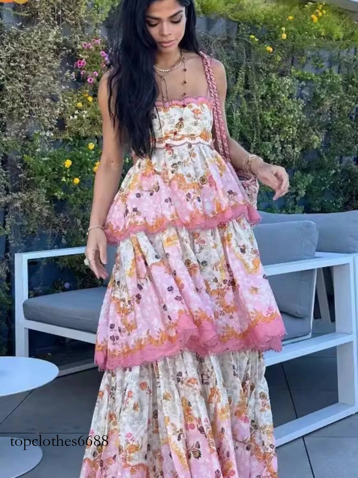 Off-Shoulder Floral Cake Long Skirt Halter Style Backless Splice Polyester Spring Summer Women's Street Fashion Dress