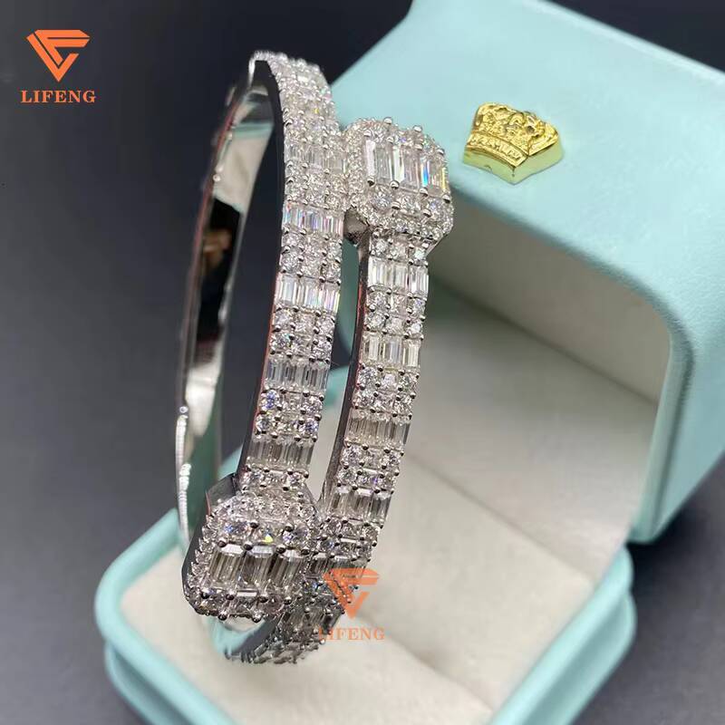 High Quality Solid Silver Baguette Design Moissanite Hip Hop Jewelry Drop Shipping Iced Out Bracelets and Bangles
