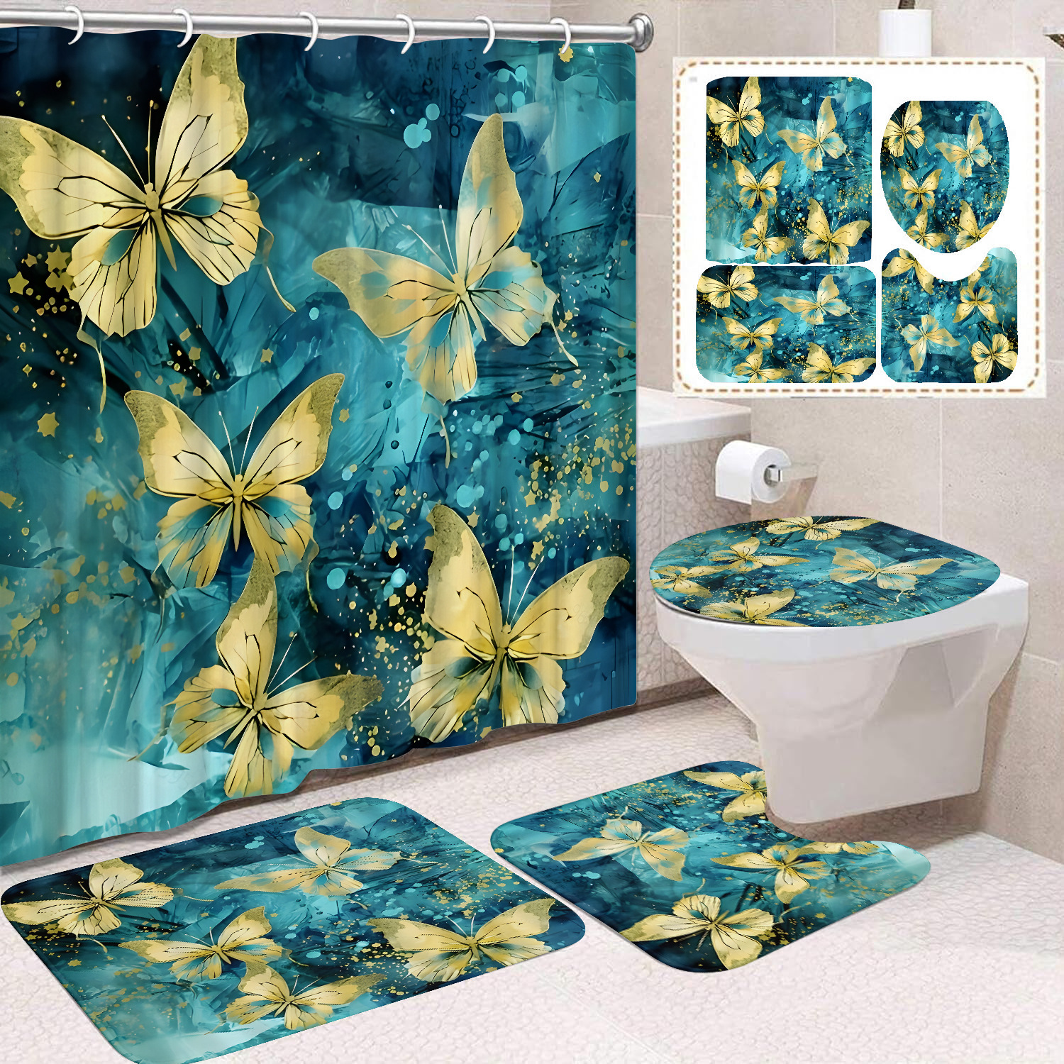 YL-38440 Home Decor Pink Butterfly and Flower Waterproof Shower Curtain Set (4 Pieces