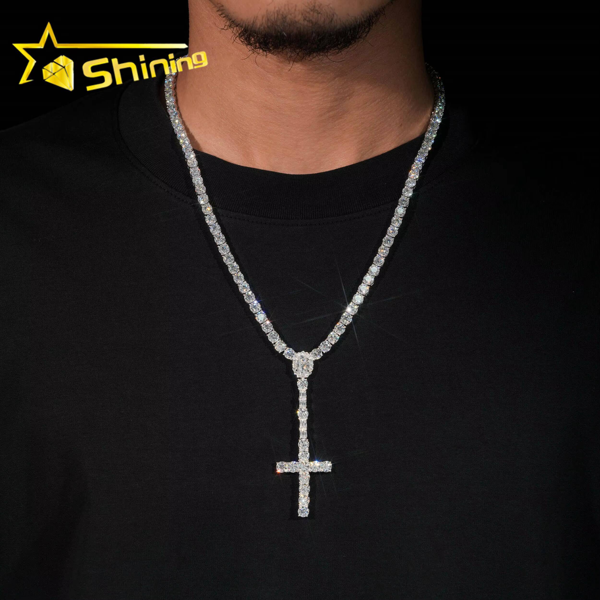 New Design 925 Sterling Silver Cross Style Moissanite Pendant Necklace Hip Hop Jewelry Moissanite Necklace Tennis for Men past test