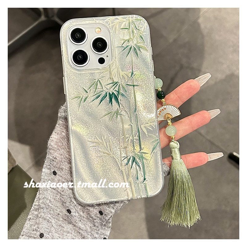 Luxury Designer Dunhuang Style Bamboo Phone Case Chinese Ink Bamboo Glitter Cover With Tassel Charm Premium Protective Case For Iphone Elegant Gift