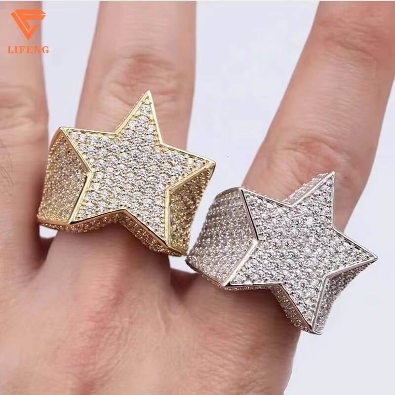 Gold Plated Luxury Diamond Men Hip Hop Finger Ring Fine Jewelry S925 Sterling Silver Full Moissanite Star Ring