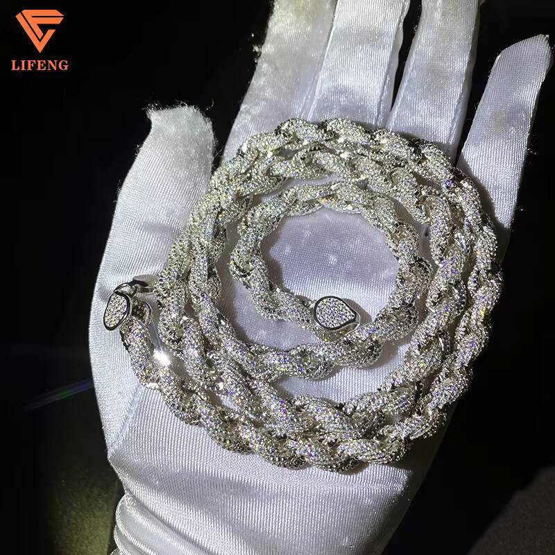 Custom 8mm Rope Chain DVVS Moissanite Diamond Sterling Silver 925 White Gold Plated Rope Chain Fine Jewelry Necklace for Women