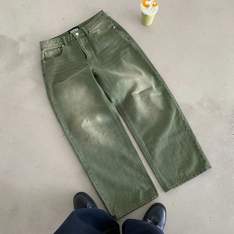 Y2K Retro Matcha Denim Jeans Washed Billiard Embroidered Denim Pants London Fashion York Style Streetwear Unisex Baggy Jeans 260403
