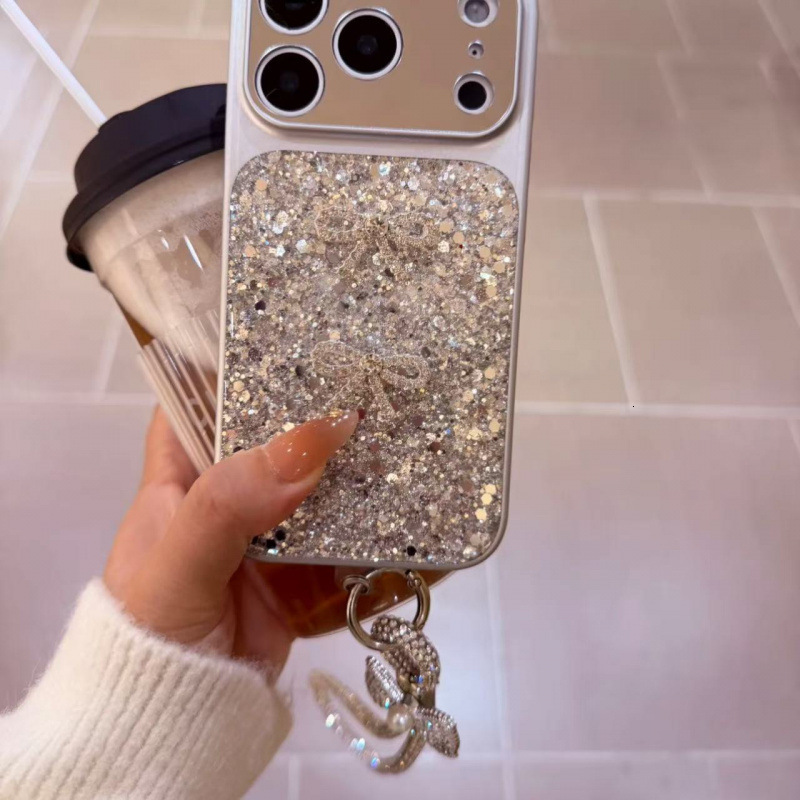 Designer Luxury Bling Glitter Phone Case 3D Bow Decor With Rhinestone Wrist Strap Full Lens Protection Shockproof Cover For Iphone Series