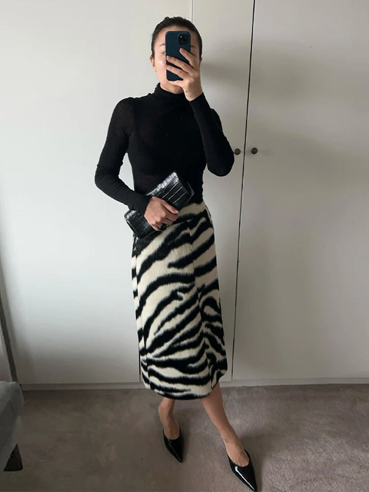 Sexy Zebra Print Fur Skirt Women High Waist Long A-line Evening Skirts Female 2026 Fashion All-match Bottoms 260403