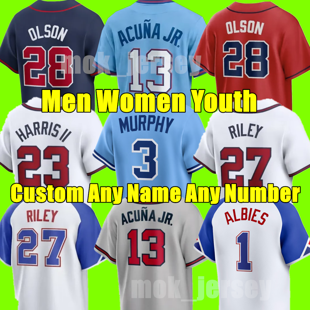 2026 Custom S-4XL 13 Ronald Acuna Jr. Baseball Jerseys Austin Riley Matt Olson Harris II Spencer Strider Ozzie Albies Braves Jones Rosario Max Fried Men Women Youth