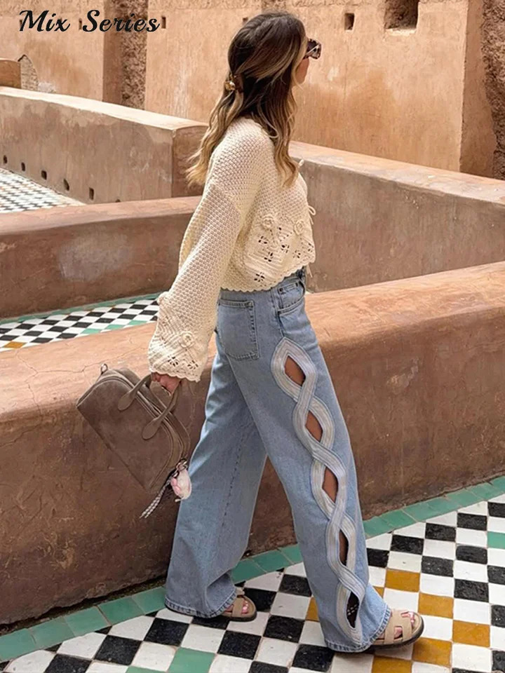 Fashion Side Hollow Out Jeans Womens High Waist Straight Leg Denim Pants 2026 Summer Lady Trendy Casual Streetwear 260402