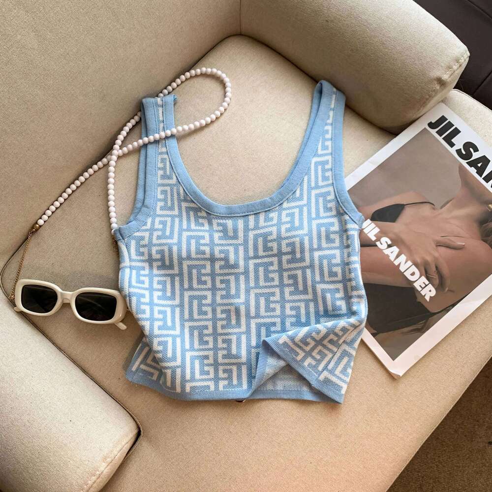 French Style Square Collar Ice Silk Sleeveless Tops Slim Buttoned Blazer Knitted Tanks High End Geometric Jacquard Crop Top