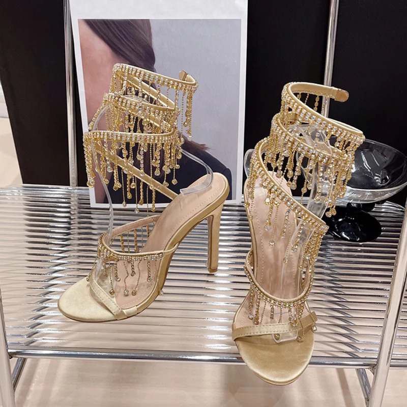 Liyke Elegant Women Wedding Banquet Shoes Fashion Crystal Tassel Twining Stiletto Sandals Sexy Open Toe Stripper Heels Golden 260402