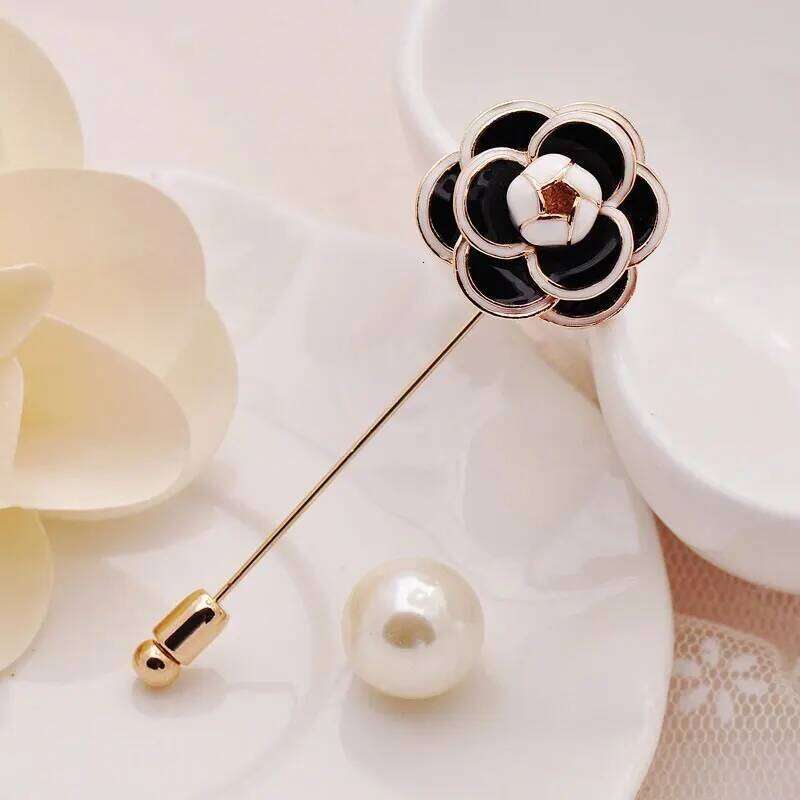 Camellia Pin Brooch Black White Flower Rose Pearl Female Brooches Accessories