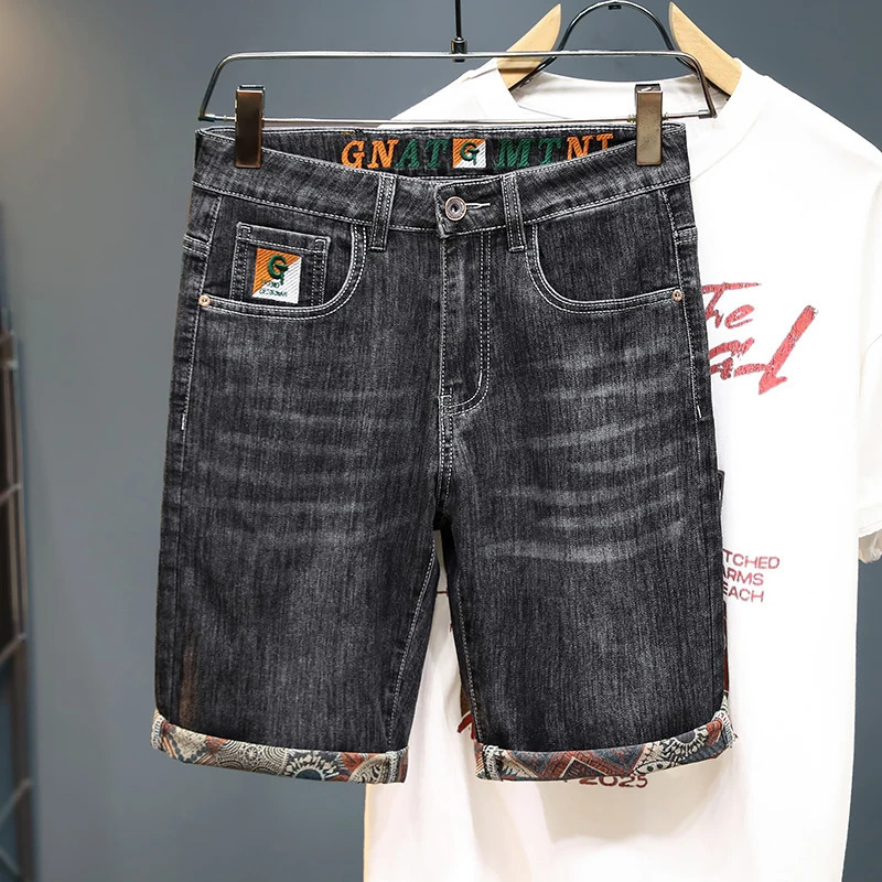 Summer Mens Embroidered Denim Shorts Straight Fashion Slim Personality Streetwear Jeans Bermuda Male Short Pants 260311