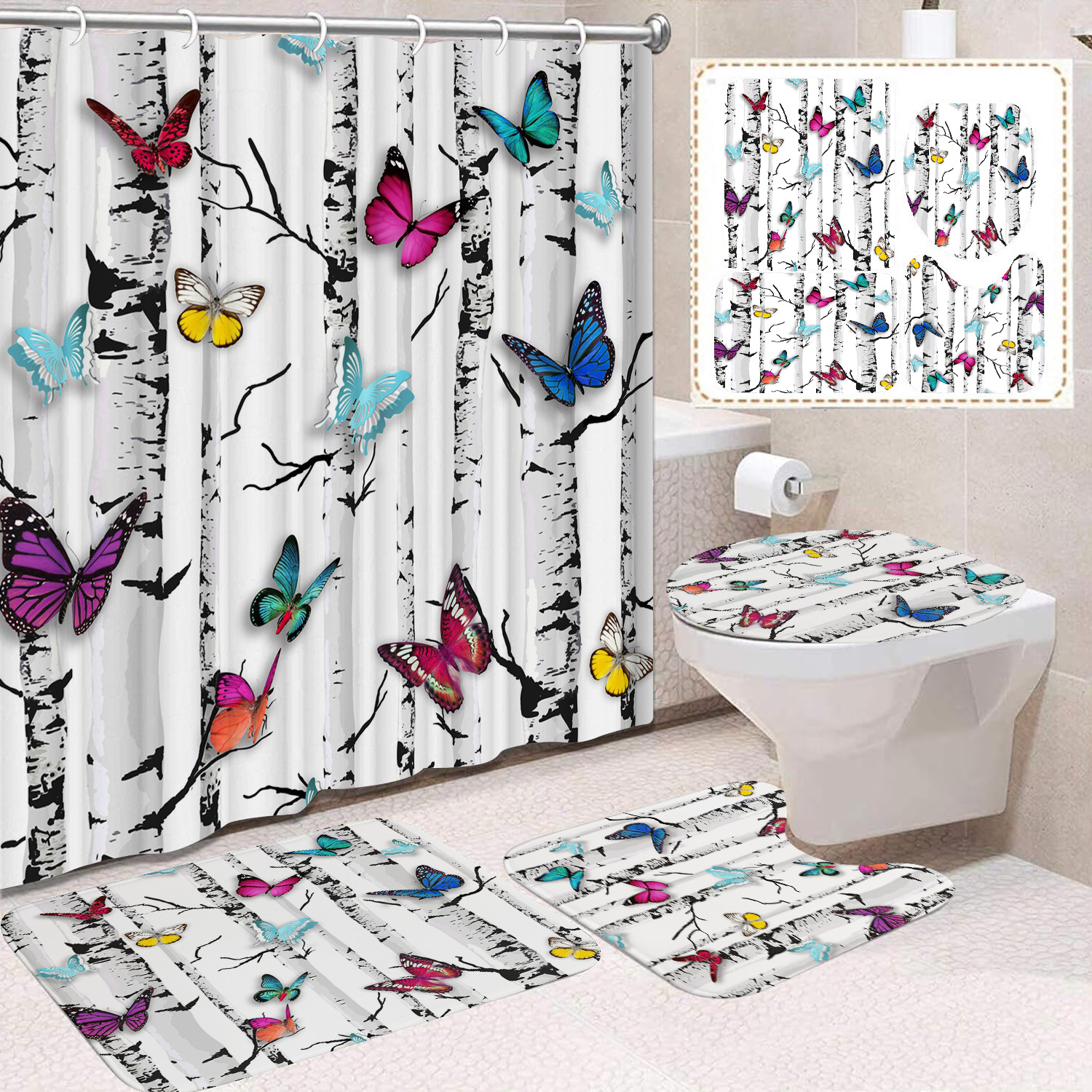 YL-38442 Home Decor Pink Butterfly and Flower Waterproof Shower Curtain Set (4 Pieces