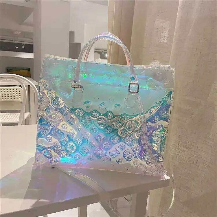 Tote Women TPU Transparent Tote Laser Holographic Colorful Shiny Travel Leisure Luggage Large Capacity Sports Gym Messenger Bag Clutch Bag