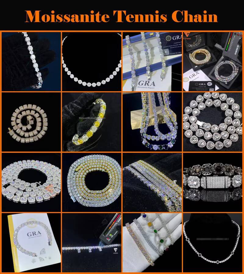 Iced Out Moissanite Chain Pass Diamond Test VVS Miossanite Jewelry 3mm 4mm 5mm 6mm 925 Sterling Silver Moissanite Tennis Chain