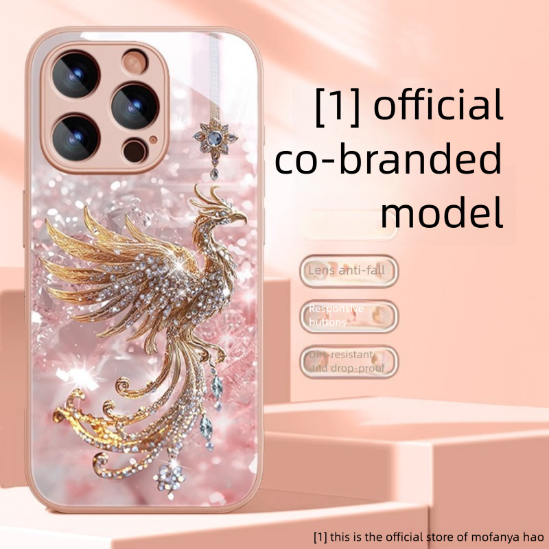 Luxury Designer Pink Phoenix Phone Case Premium Liquid Glass Bling Diamond Cover Full Lens Protection Protective Case For Iphone Elegant Gift