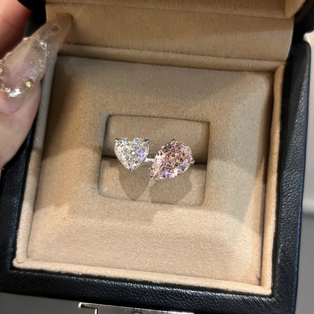 Luxury Brand Designer Jewelry Luxurious And Sophisticated Double Diamond Heart-Shaped Water Drop Ring For Women, Super Fairy-Like And Sweet Style, Uni