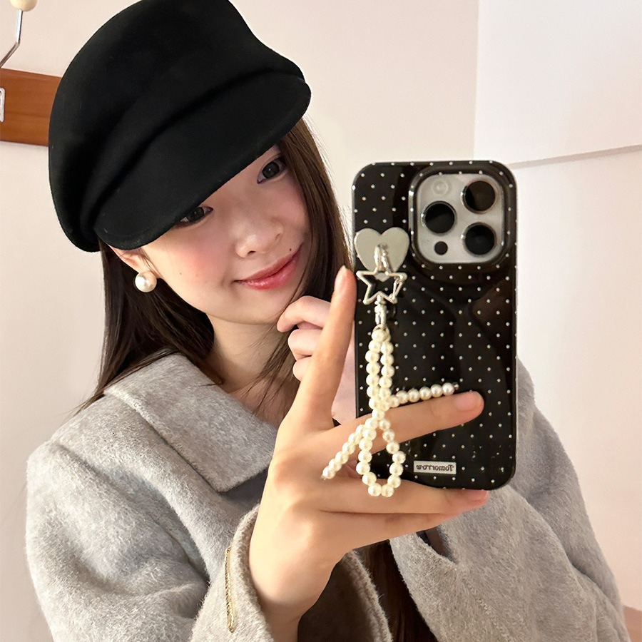 Designer Luxury Elegant Black Dot Phone Case Pearl Beaded Chain Heart Star Charm Full Lens Protection Anti-fall Case For Iphone 15/14/13 Pro Max
