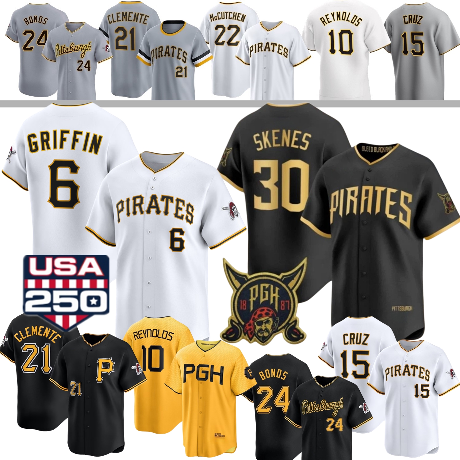 Pittsburghs Pirates Baseball Jersey Paul Skenes Roberto Clemente Konnor Griffin Bubba Chandler Johnson Oneil Cruz Barry Bonds Reynolds Davis McCutchen Hernandez