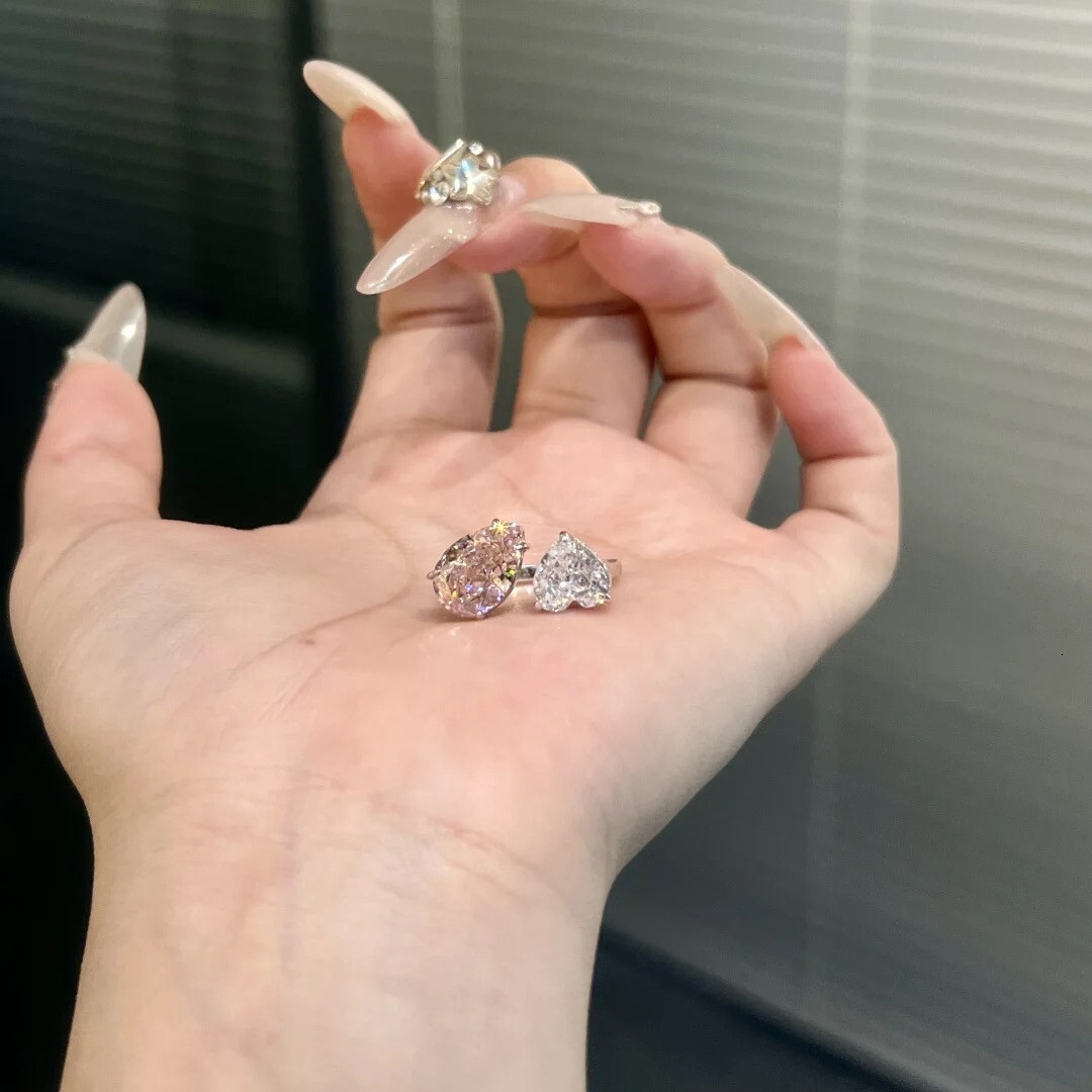 Luxury Brand Designer Jewelry Luxurious And Sophisticated Double Diamond Heart-Shaped Water Drop Ring For Women, Super Fairy-Like And Sweet Style, Uni